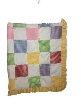 Handmade vintage Baby Quilt Gingham Patchwork Ruffle 42x33 Cottage Nursery